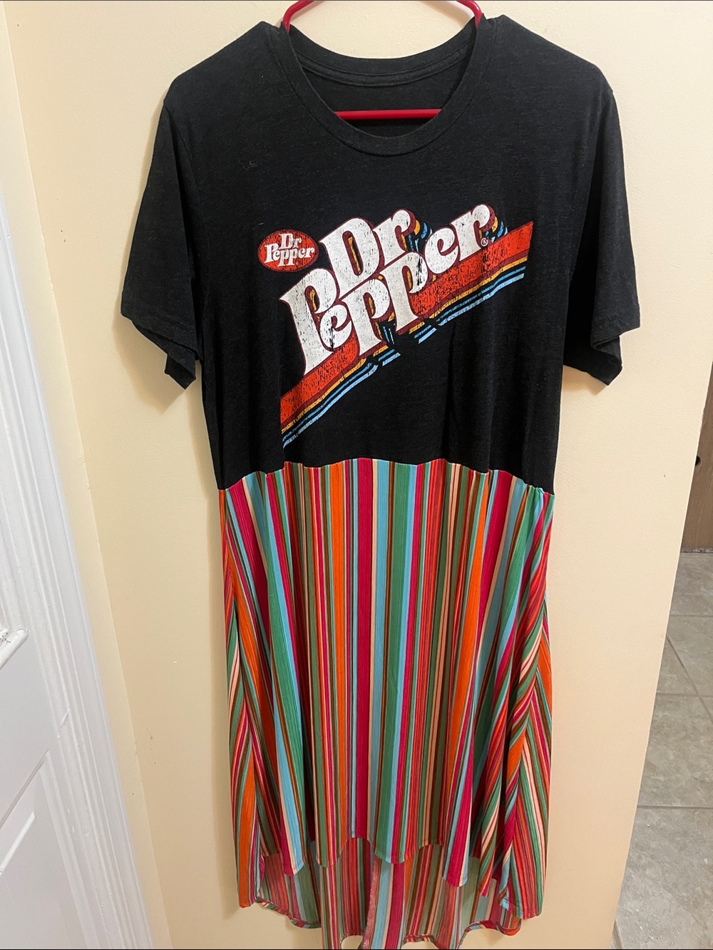 Dr Pepper Black Logo Midi Dress with Bright Multicolor Stripes